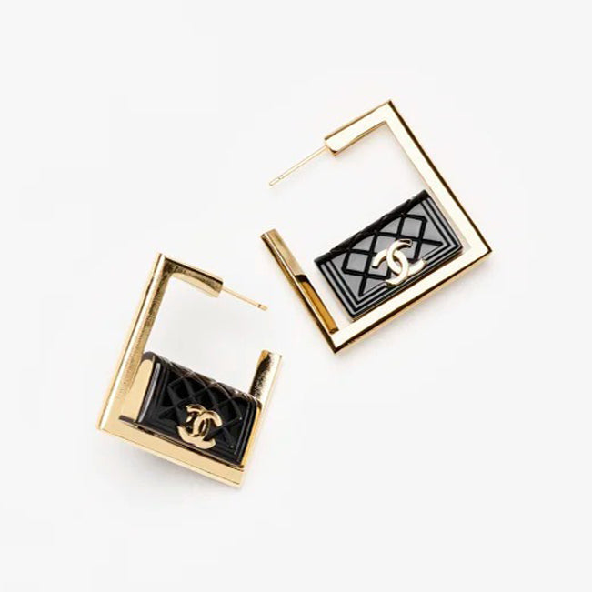 18K  Chanel Black Bag Hoop Earrings