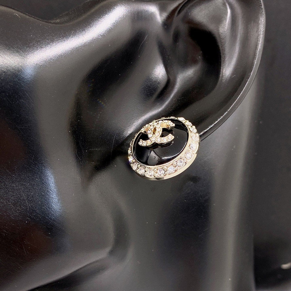 18K  Chanel Black Crystal Earrings