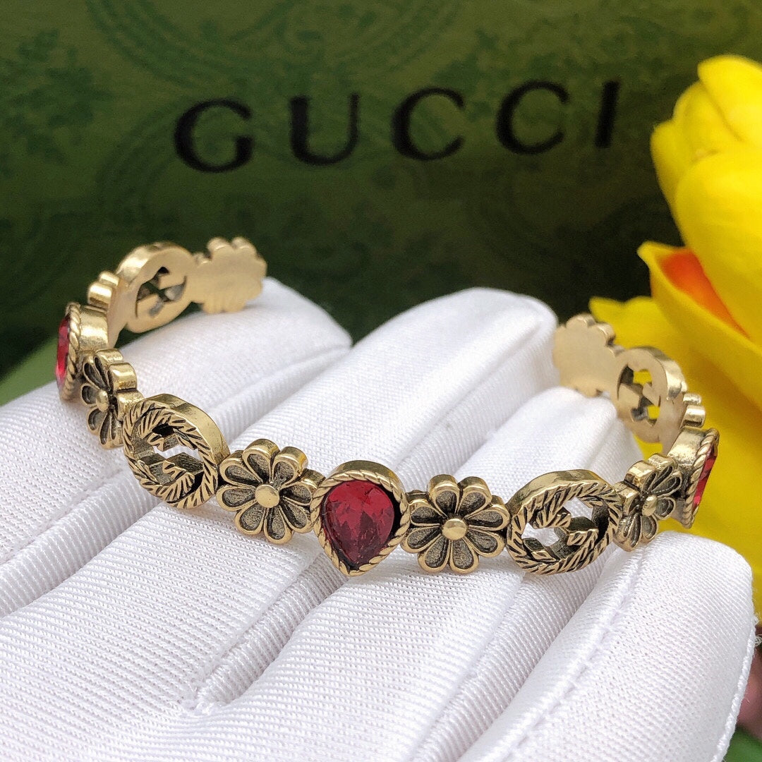 18K Double Gucci Flowers Red Crystals Open Cuff Bracelet