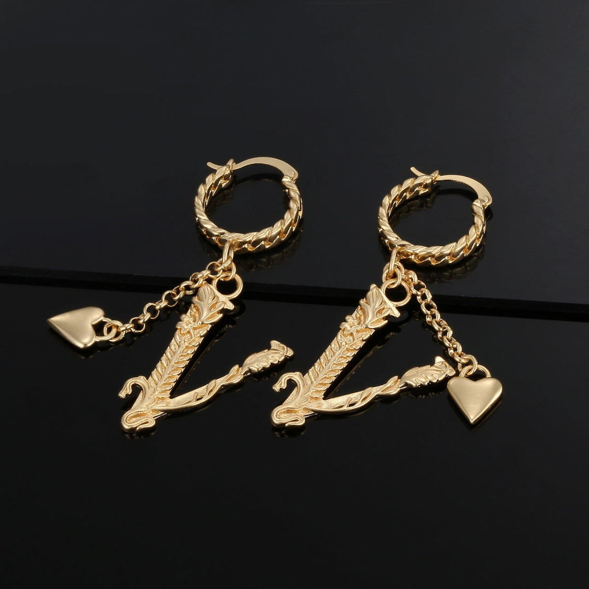 18K Heart Long Earrings