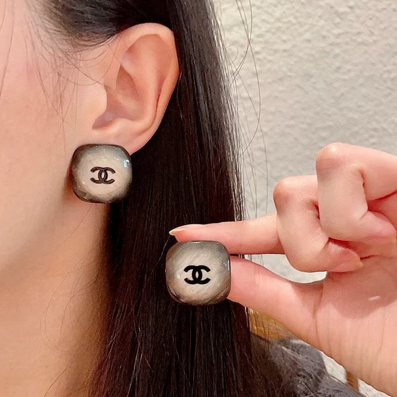 18K  Chanel Black Square Earrings