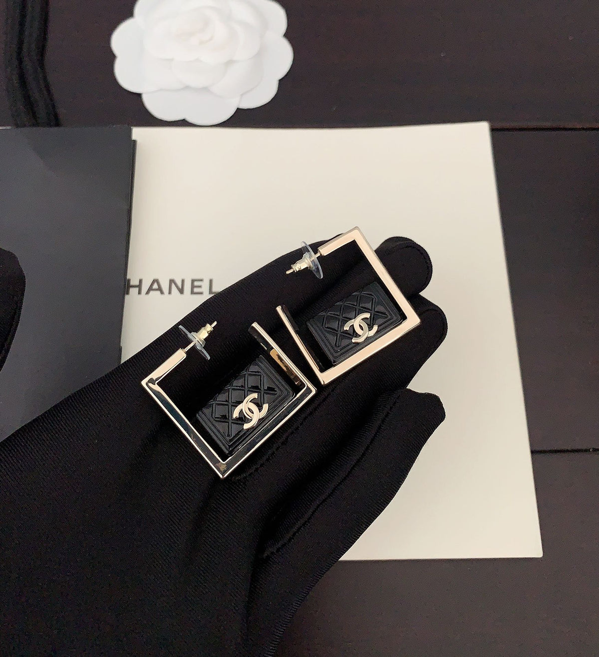 18K  Chanel Black Bag Pendant Earrings