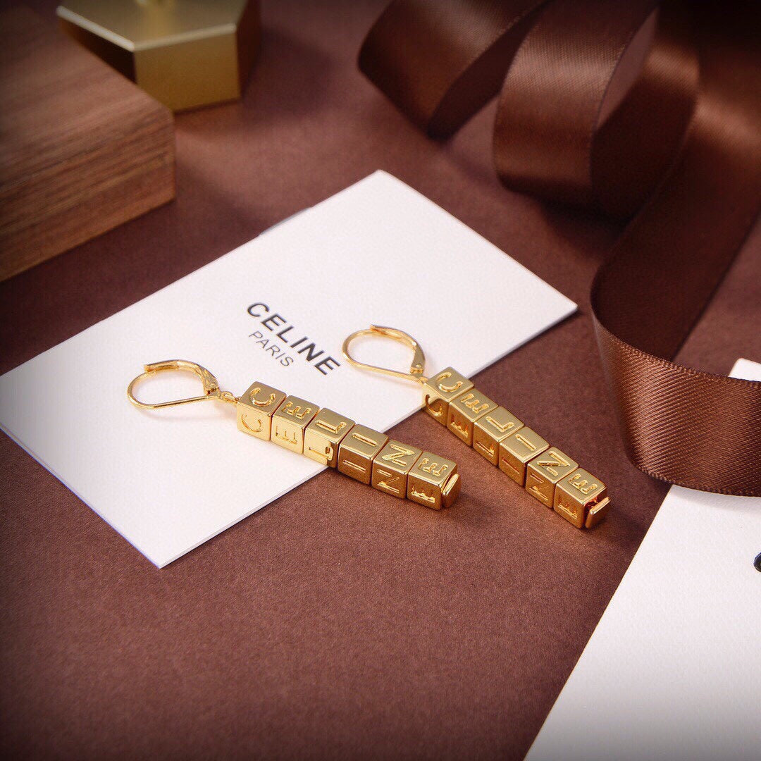 18K Celine Script Cube Earrings