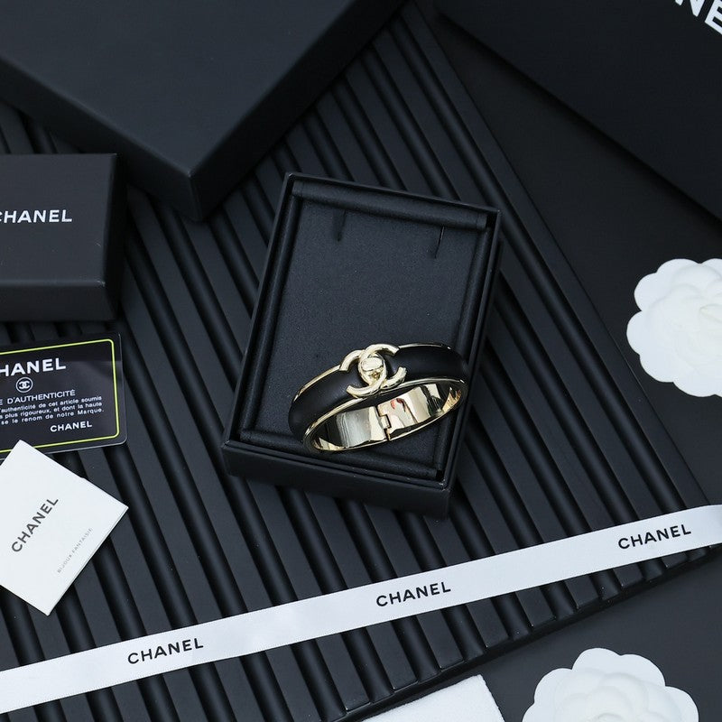 18K  Chanel Black Leather Cuff Bracelet