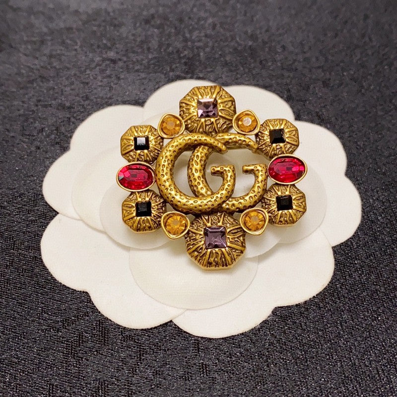 18K Double Gucci Flower Crystal Brooch