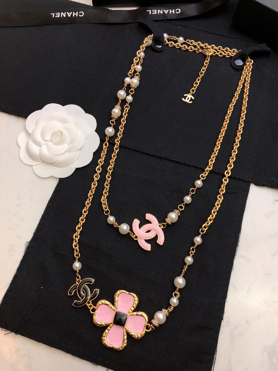 18K  Chanel Pink Flowers Necklace