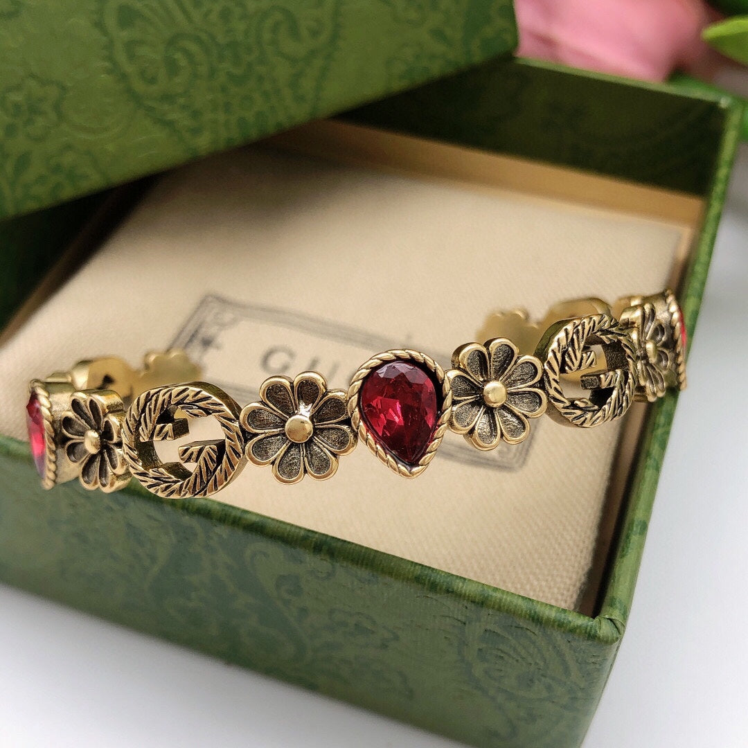 18K Double Gucci Flowers Red Crystals Open Cuff Bracelet