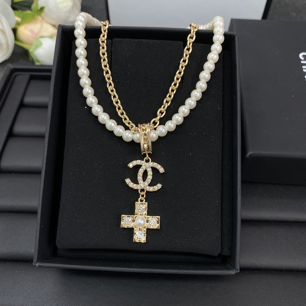 18K  Chanel Cross Diamond Pearl Chain Necklace