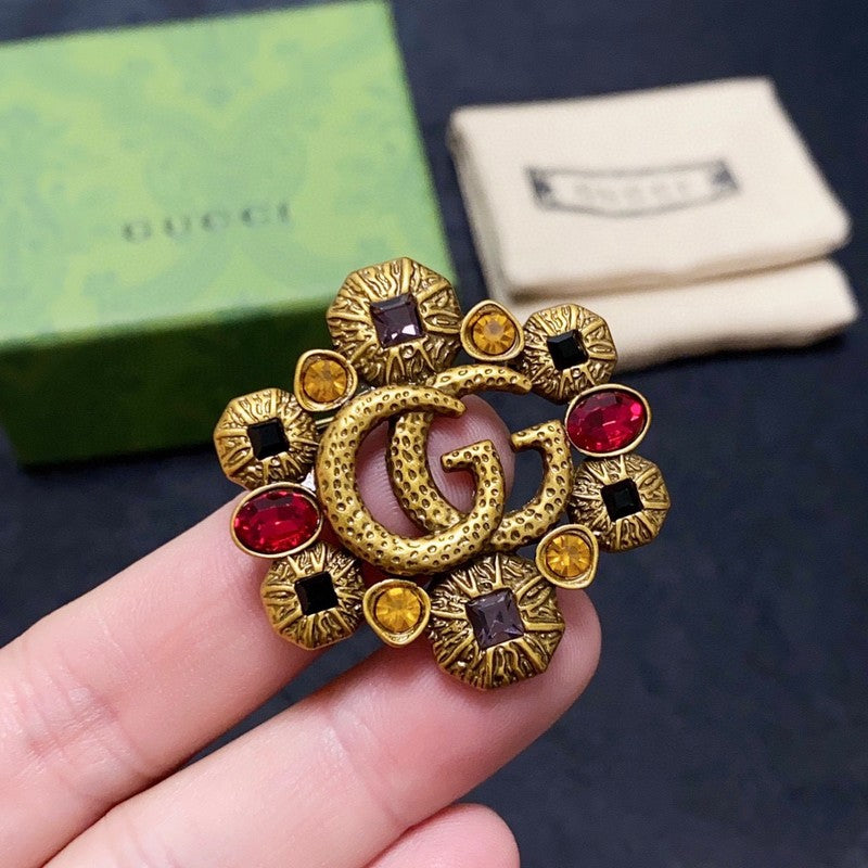 18K Double Gucci Flower Crystal Brooch