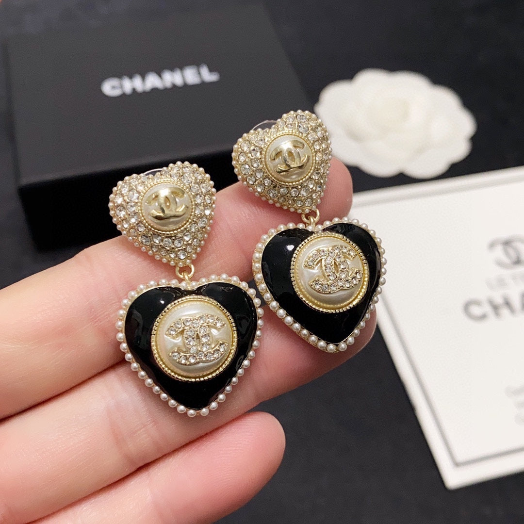18K  Chanel Black Heart Earrings